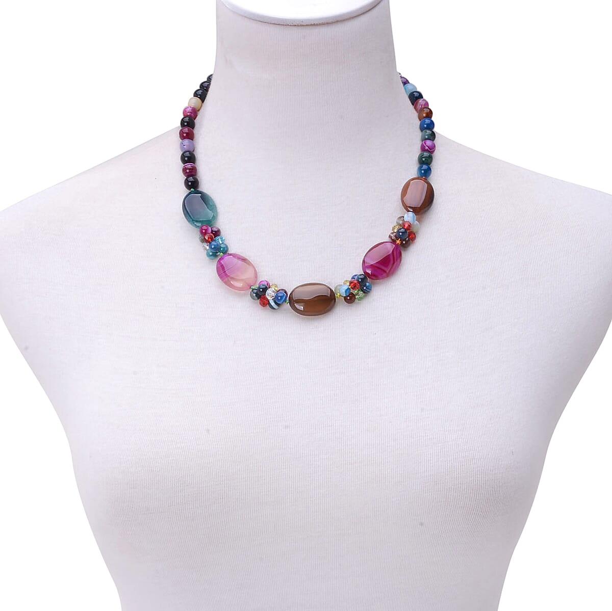 Lace Agate and Simulated Multi Colour Diamond Necklace (Size 20) in Silver Tone