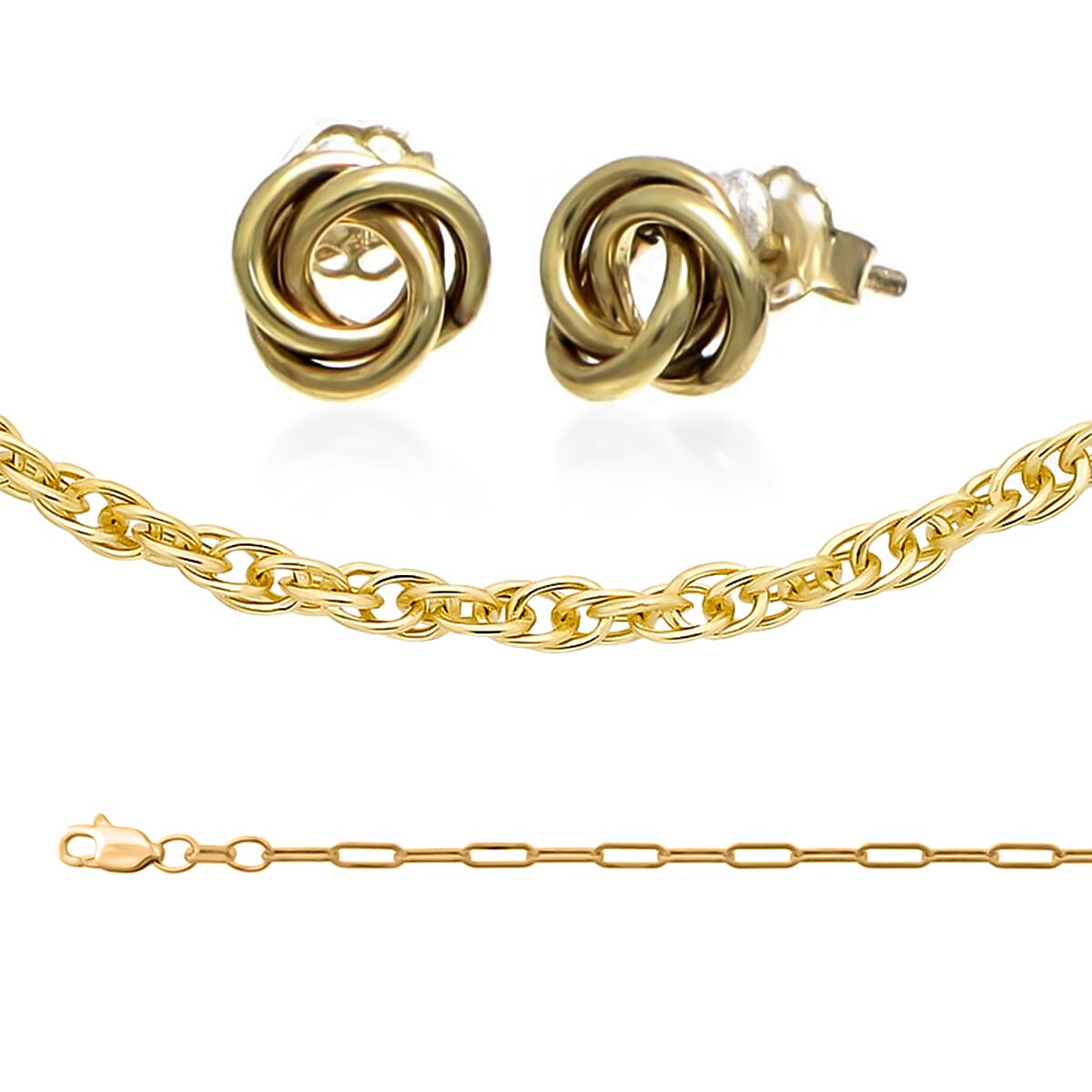 Set of 3 - 9k Gold Paper Clip Bracelet, Knot Earring and Prince of Wales Necklace