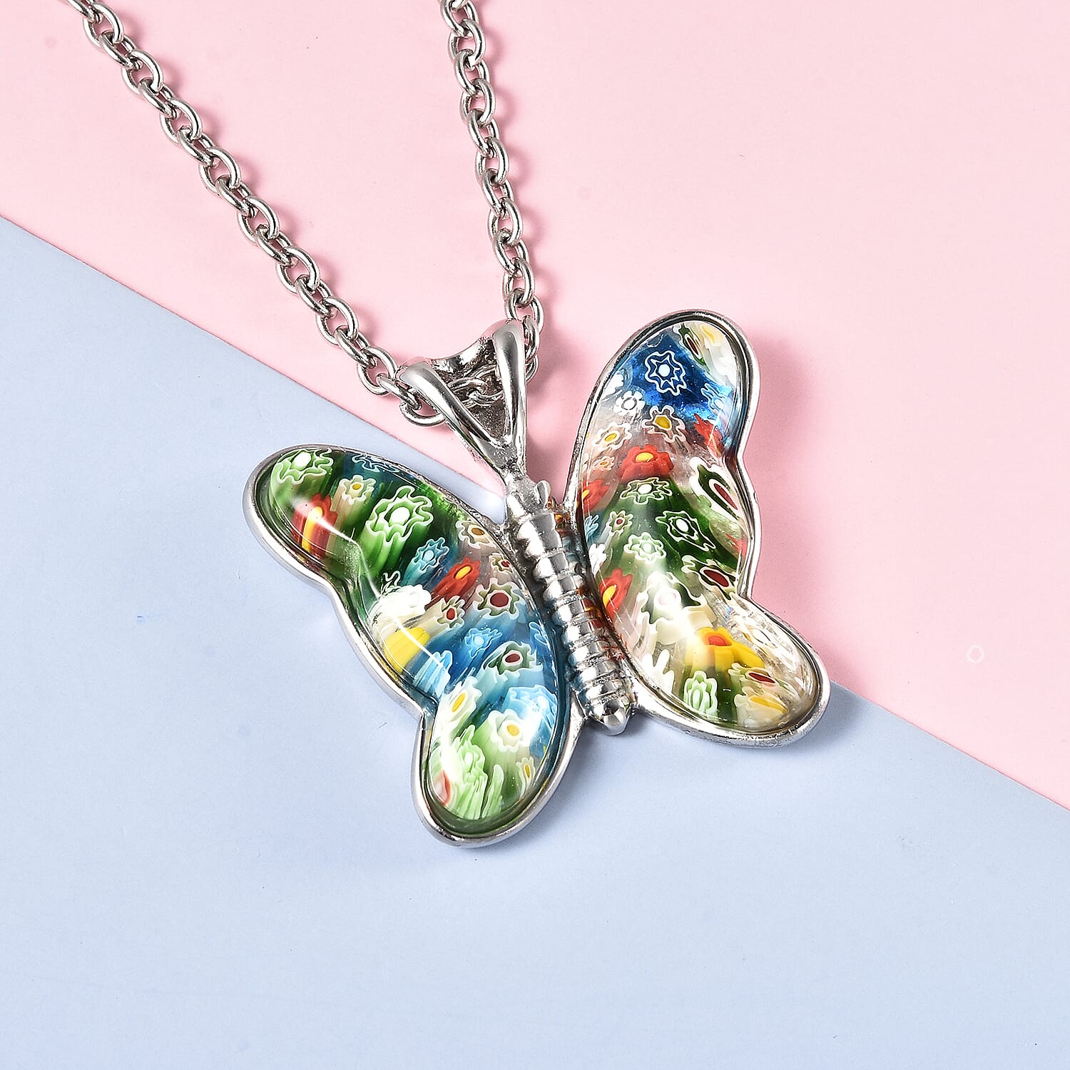 Multi Colour Murano Style Basket Earrings & Butterfly Pendant in Stainless Steel