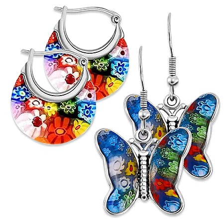 Multi Colour Murano Style Basket Earrings & Butterfly Earrings in Stainless Steel