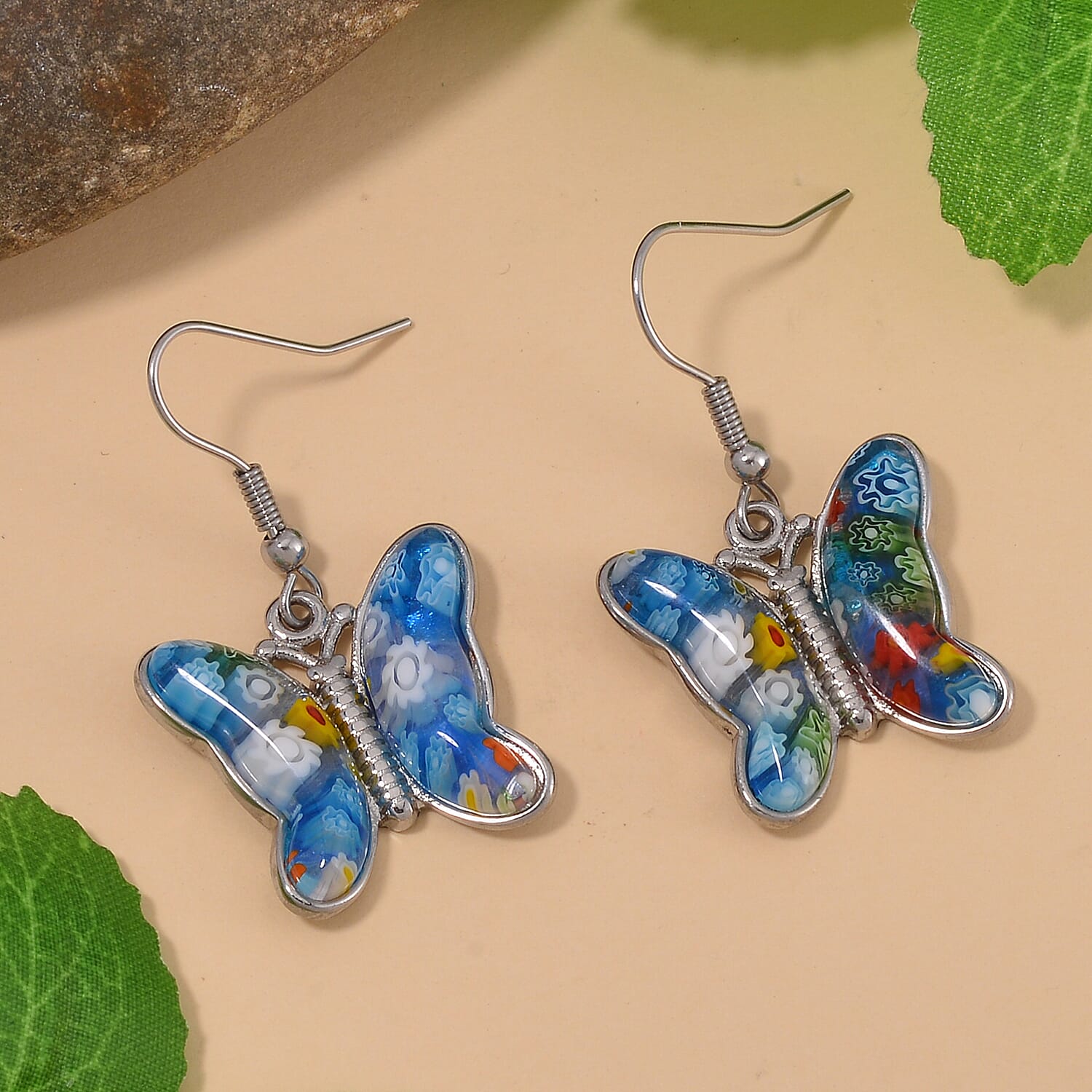 Multi Colour Murano Style Basket Earrings & Butterfly Earrings in Stainless Steel