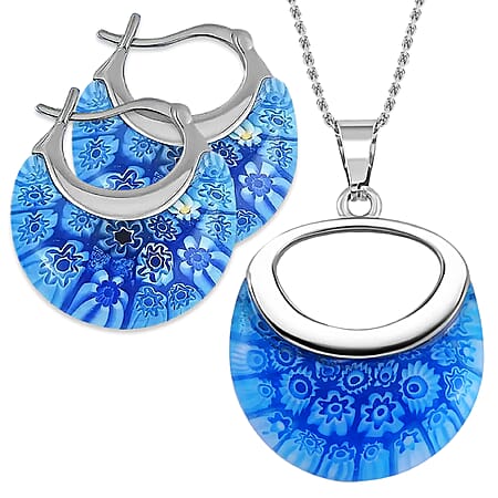 Blue Colour Murano Style Basket Earrings & Pendant in Stainless Steel