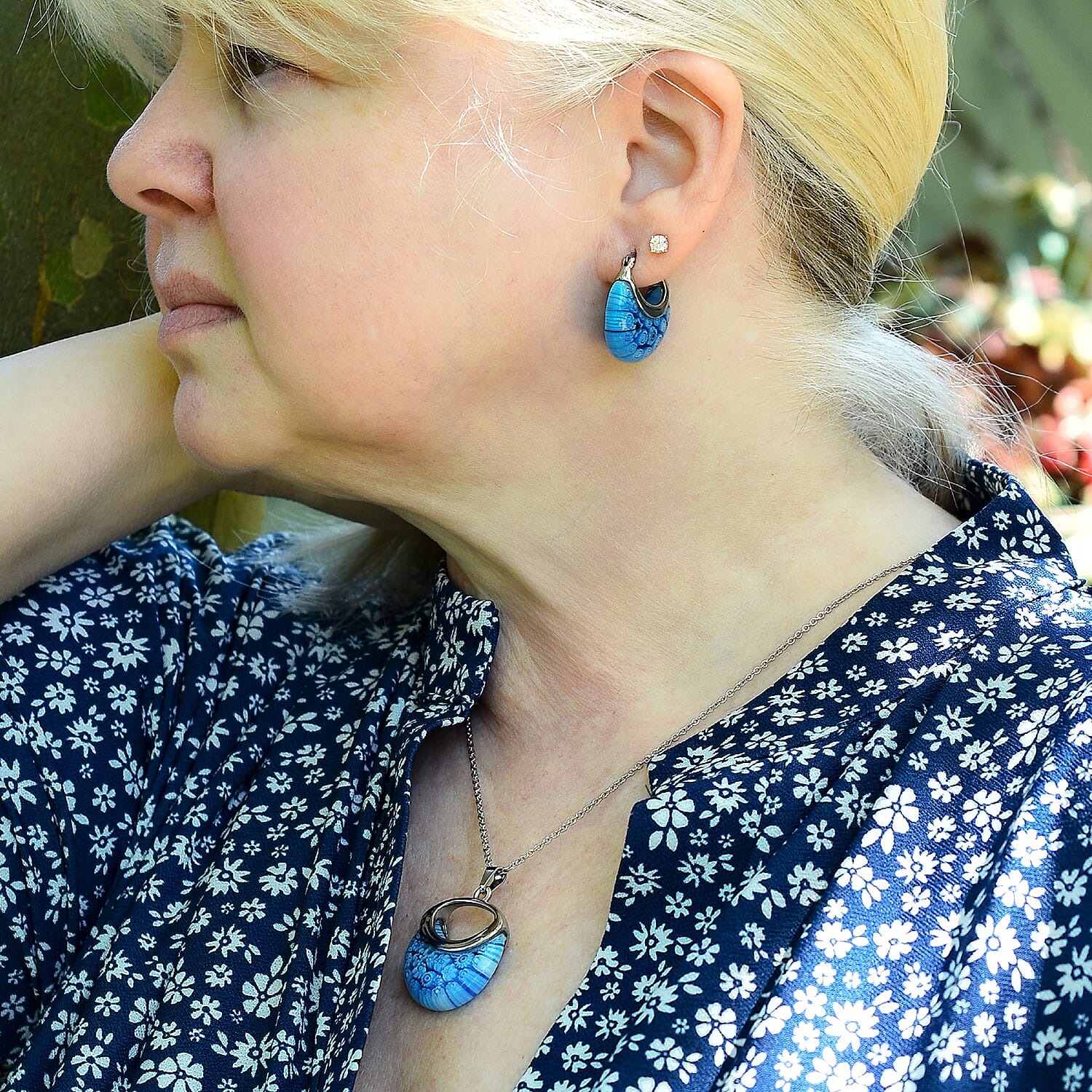 Blue Colour Murano Style Basket Earrings & Pendant in Stainless Steel