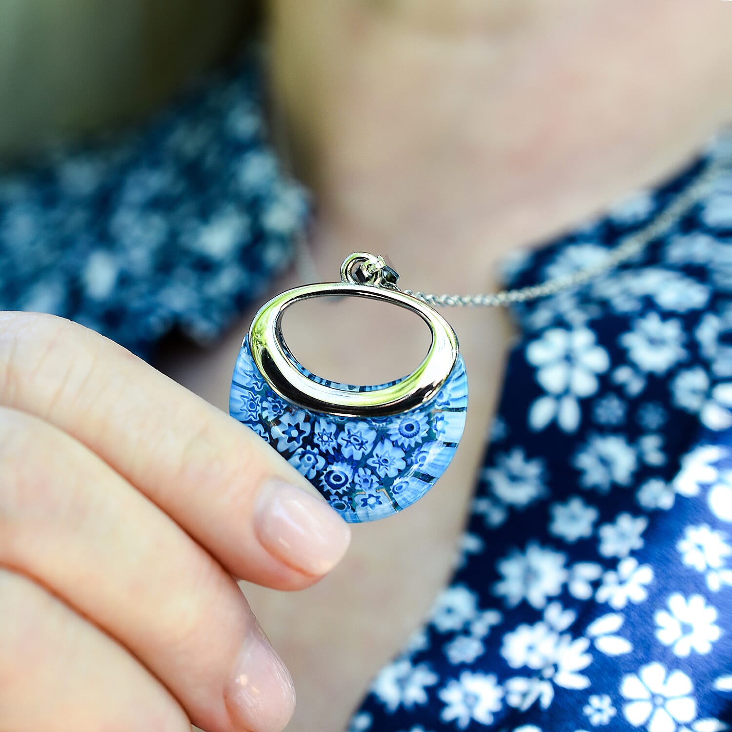 Blue Colour Murano Style Basket Earrings & Pendant in Stainless Steel