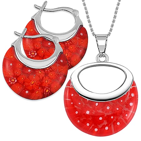 Red Colour Murano Style Basket Earrings & Pendant in Stainless Steel