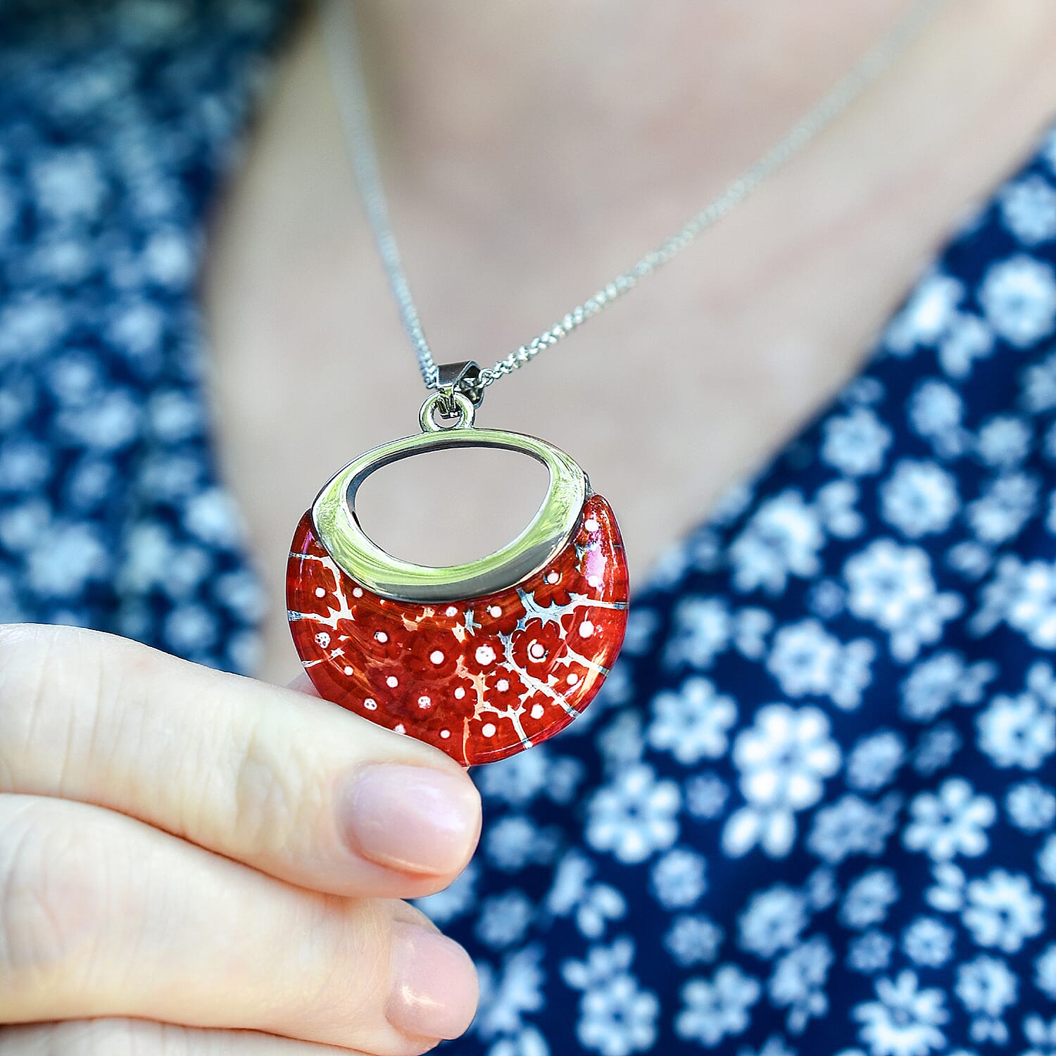 Red Colour Murano Style Basket Earrings & Pendant in Stainless Steel