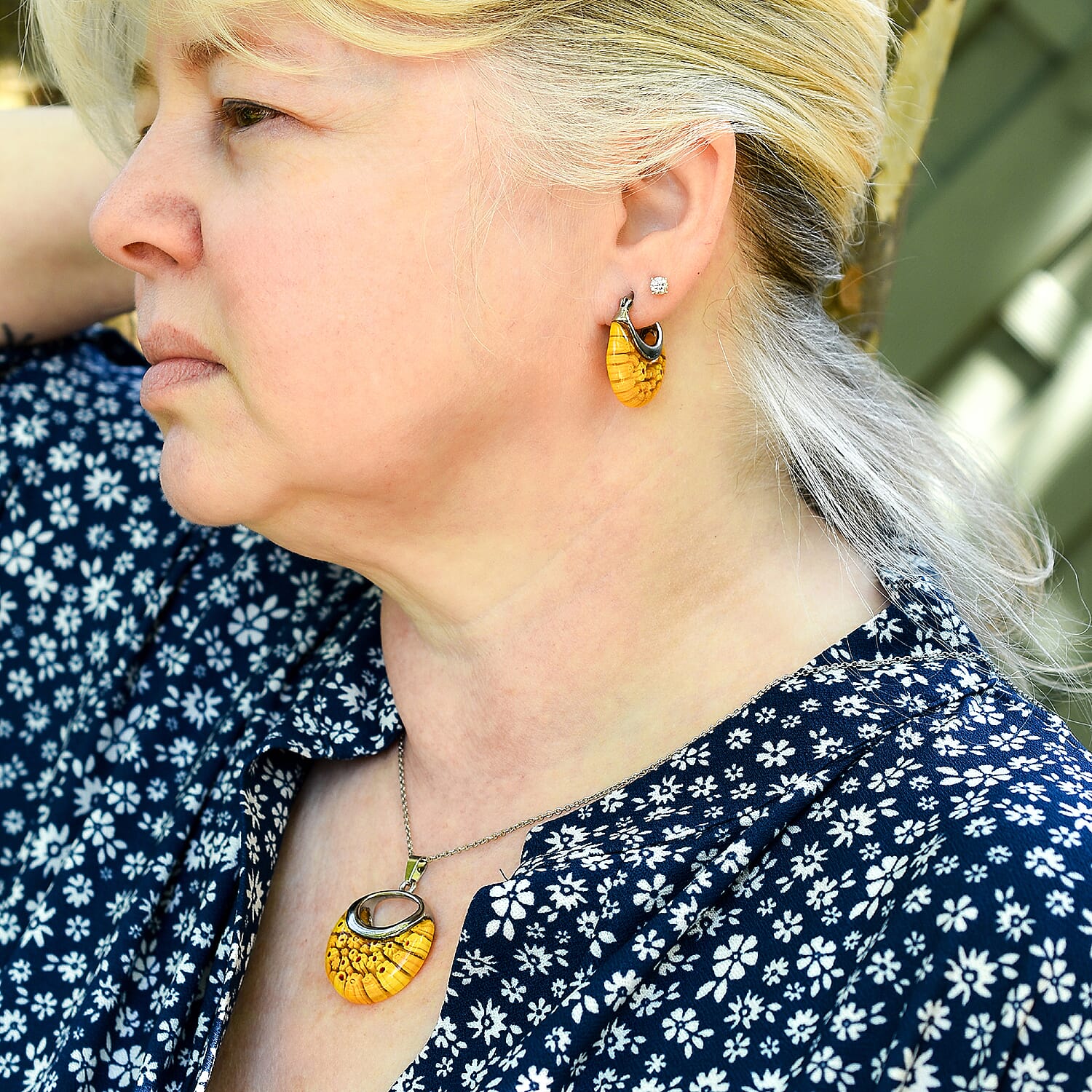 Yellow Colour Murano Style Basket Earrings & Pendant in Stainless Steel