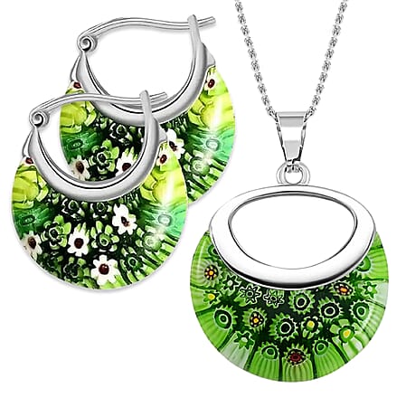 Green Colour Murano Style Basket Earrings & Pendant in Stainless Steel