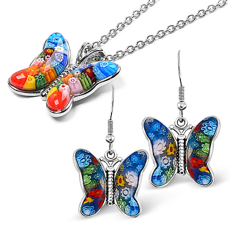 Multi Colour Murano Butterfly Earrings & Pendant in Stainless Steel