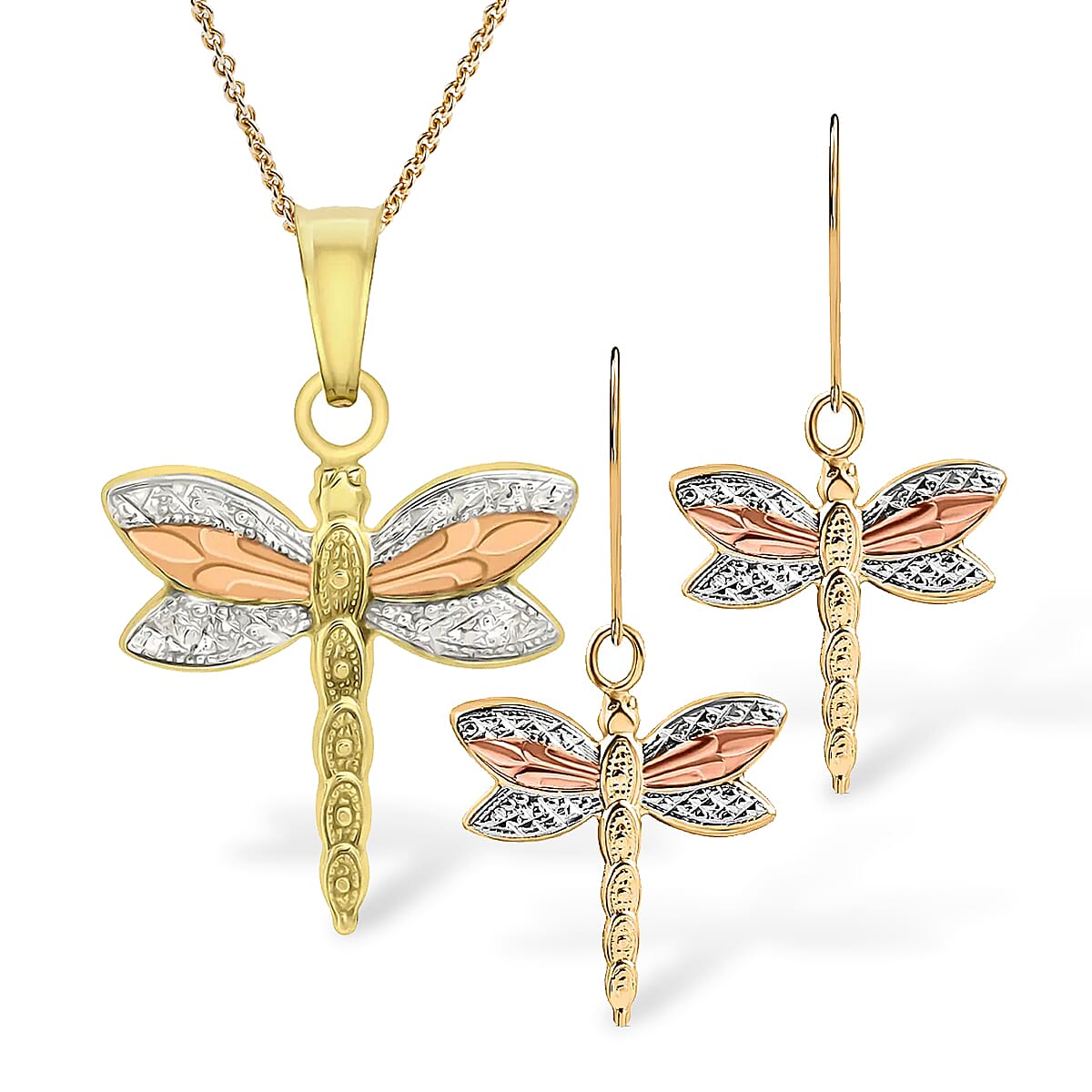 9K Tri Colour Gold Dragonfly Pendant and Earrings
