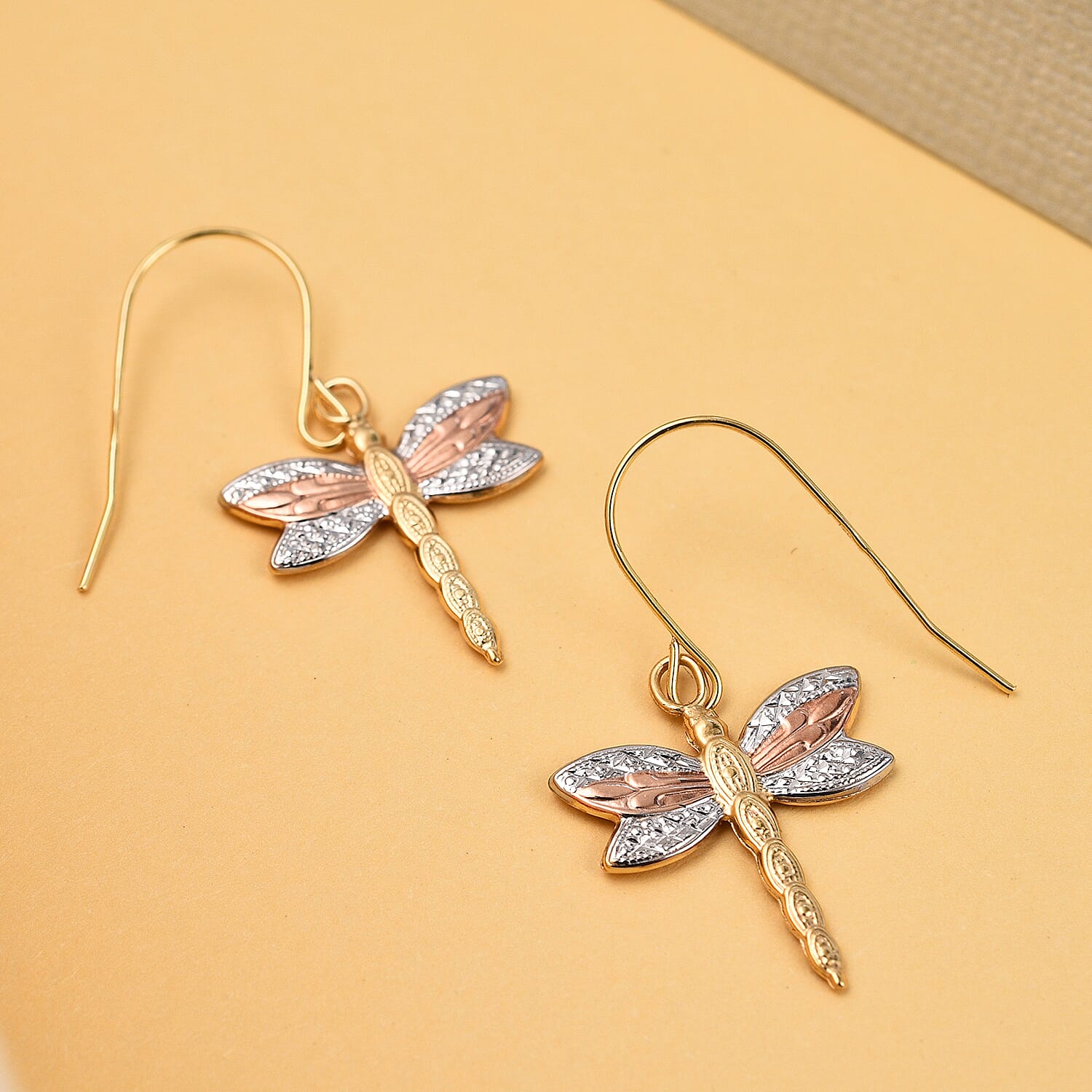 9K Tri Colour Gold Dragonfly Pendant and Earrings