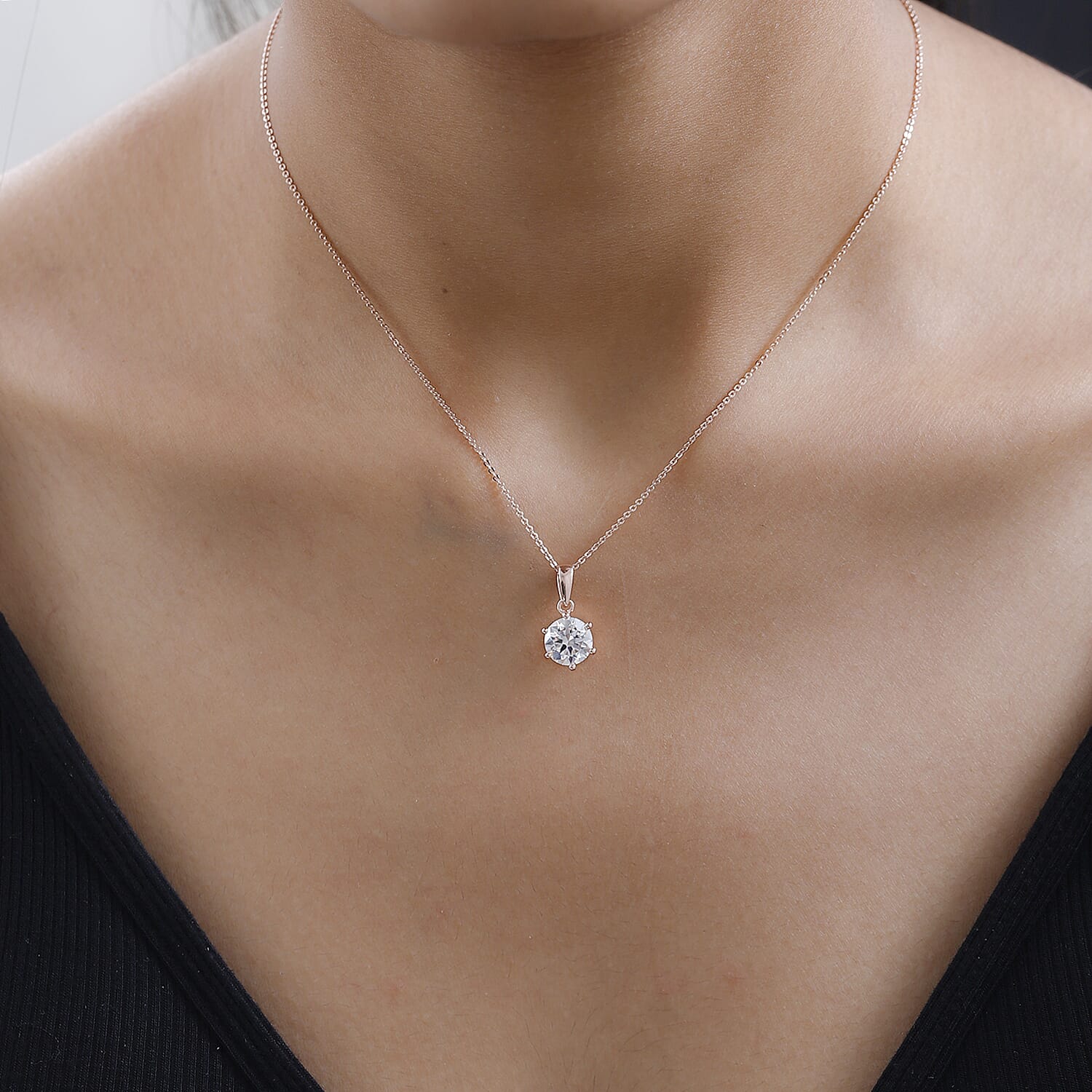 Moissanite Pendant with Chain (Size 20) 1.75 Ct and Solitaire Stud Earrings 2 Ct in 18K Rose Gold Vermeil Sterling Silver