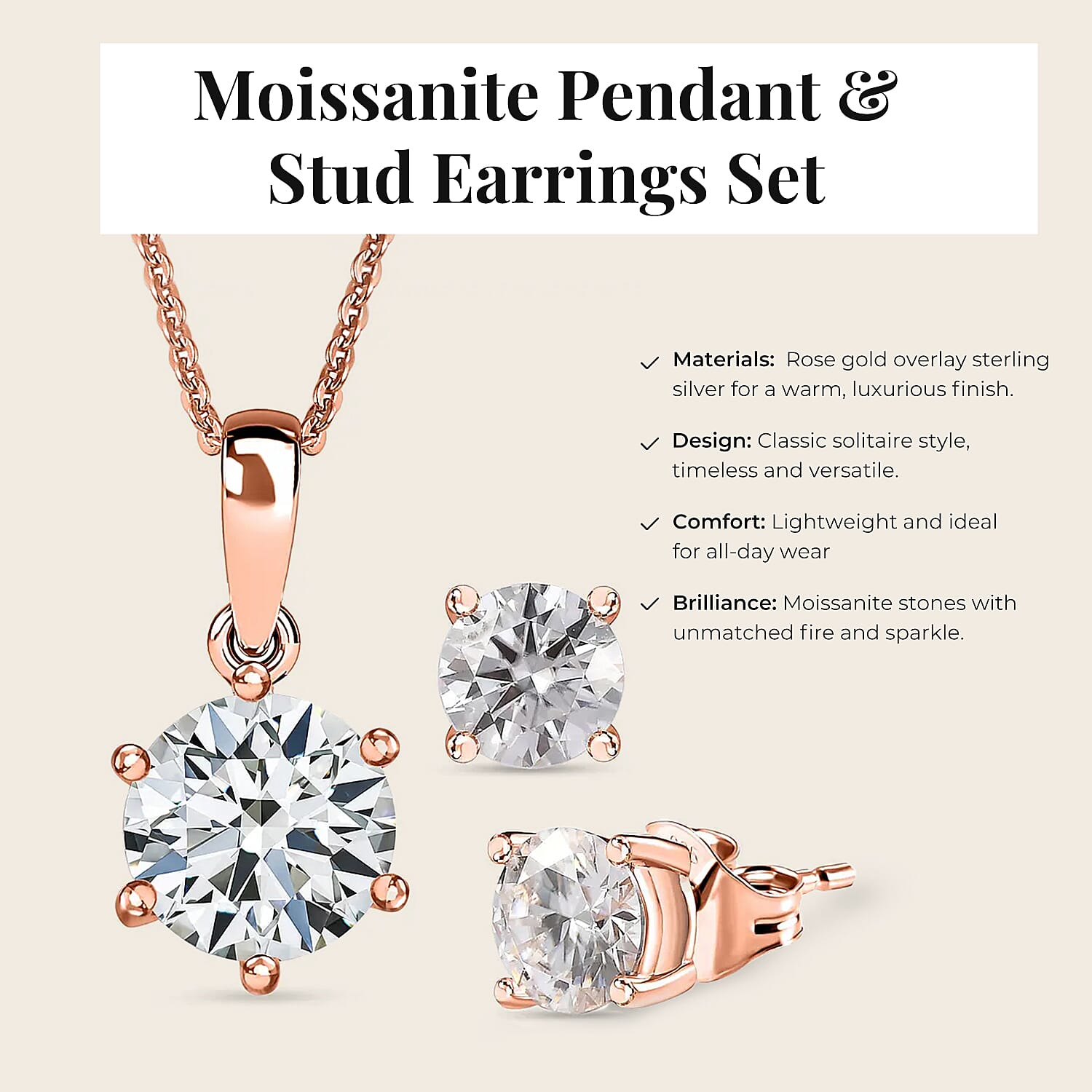 Moissanite Pendant with Chain (Size 20) 1.75 Ct and Solitaire Stud Earrings 2 Ct in 18K Rose Gold Vermeil Sterling Silver