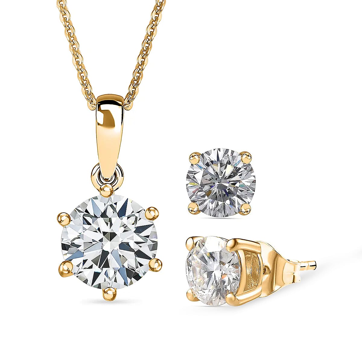 Moissanite Solitaire Pendant with Chain (Size 20) 1.8 Ct and Stud Earrings in 18K Gold Vermeil Sterling Silver 2 Ct