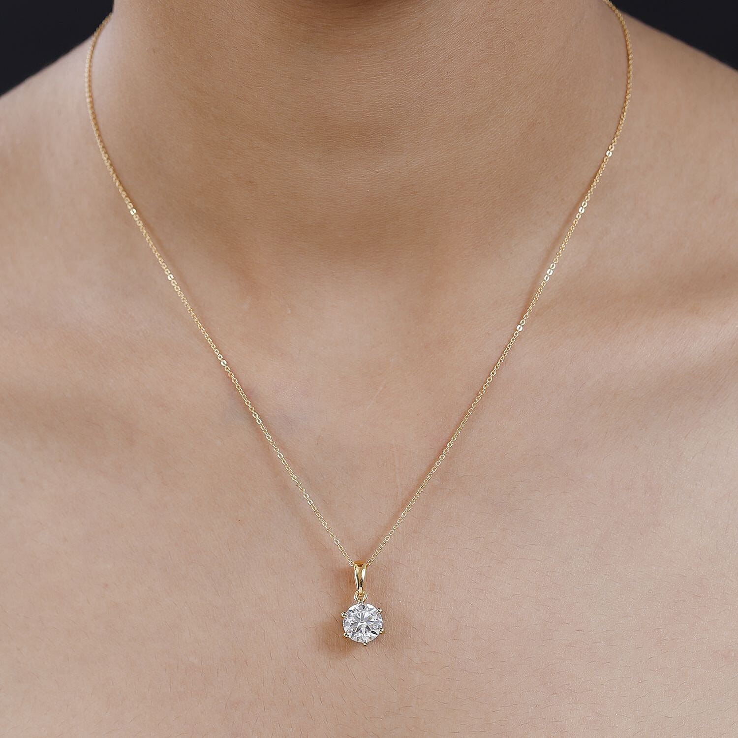 Moissanite Solitaire Pendant with Chain (Size 20) 1.8 Ct and Stud Earrings in 18K Gold Vermeil Sterling Silver 2 Ct