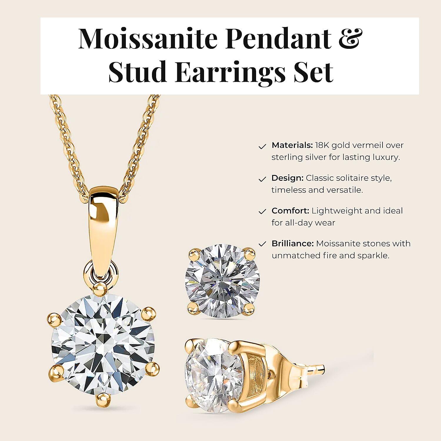 Moissanite Solitaire Pendant with Chain (Size 20) 1.8 Ct and Stud Earrings in 18K Gold Vermeil Sterling Silver 2 Ct