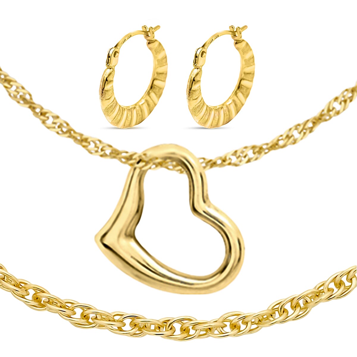 Epic Friday Mega Deal - Set of 3 - 9K Yellow Gold Heart Pendant, Prince of Wales Chain AND Creole Hoop Earrings (18 inch)