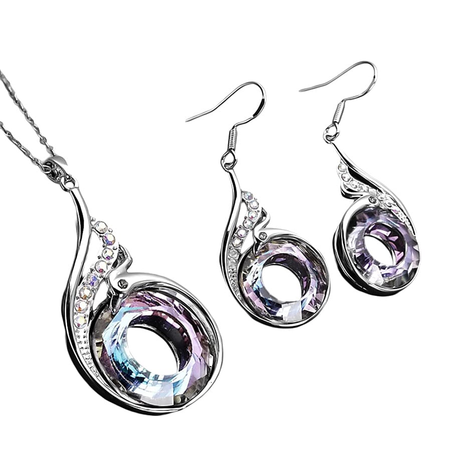 Simulated Mystic Topaz, White and Grey Austrian Crystal Fish Hook Earrings and Pendant with Chain (Size 20-2 Inch Ext.) in Silver Tone