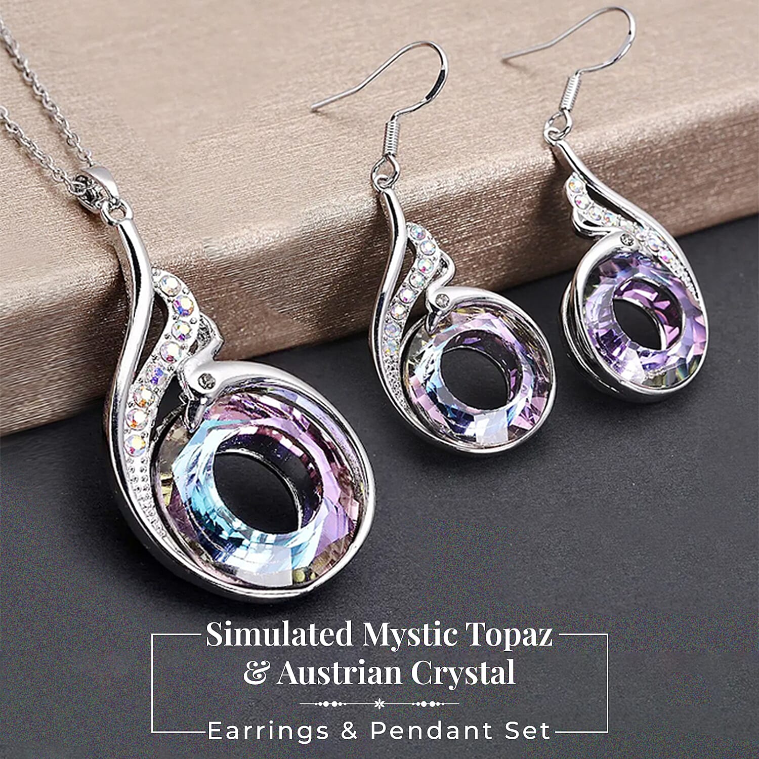 Simulated Mystic Topaz, White and Grey Austrian Crystal Fish Hook Earrings and Pendant with Chain (Size 20-2 Inch Ext.) in Silver Tone