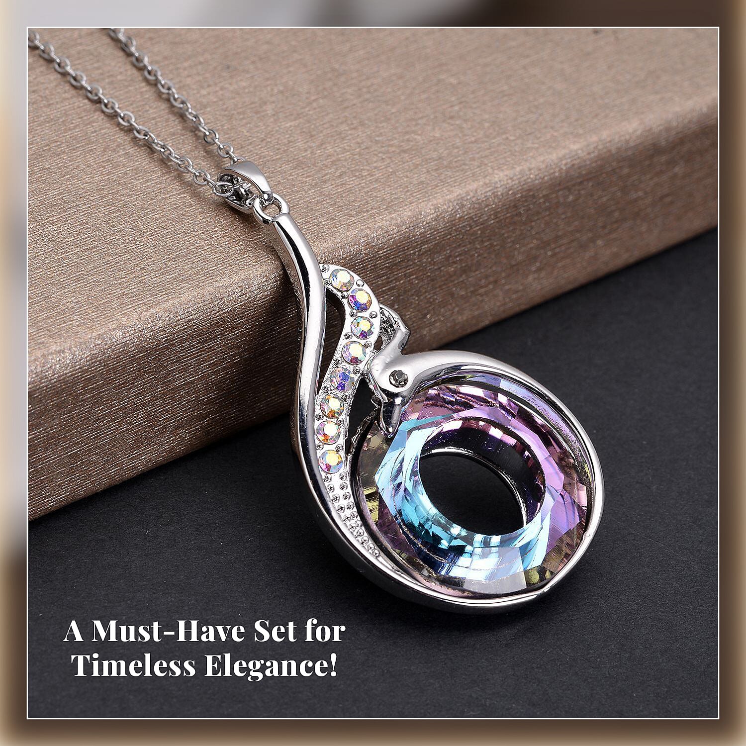 Simulated Mystic Topaz, White and Grey Austrian Crystal Fish Hook Earrings and Pendant with Chain (Size 20-2 Inch Ext.) in Silver Tone