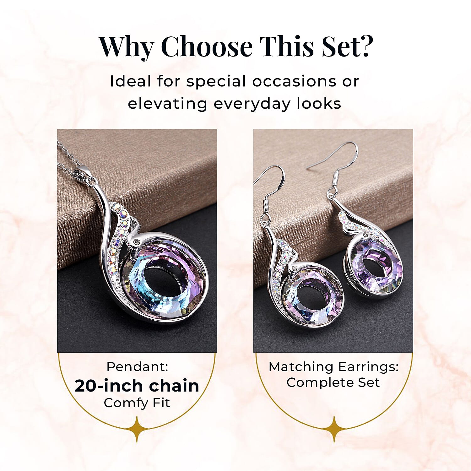 Simulated Mystic Topaz, White and Grey Austrian Crystal Fish Hook Earrings and Pendant with Chain (Size 20-2 Inch Ext.) in Silver Tone