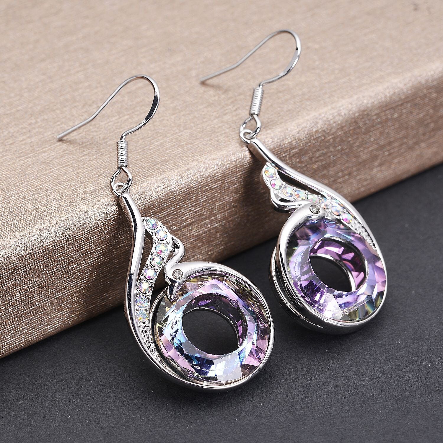 Simulated Mystic Topaz, White and Grey Austrian Crystal Fish Hook Earrings and Pendant with Chain (Size 20-2 Inch Ext.) in Silver Tone