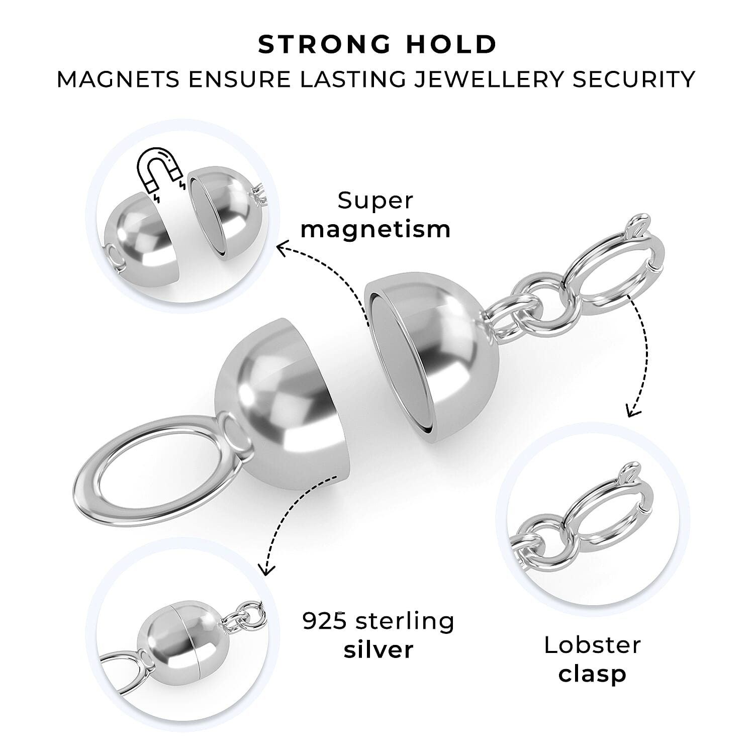 Set of 3 Sterling Silver Magnetic Clasps with Platinum Overlay, Sterling Silver Overlay and Rose Gold Overlay