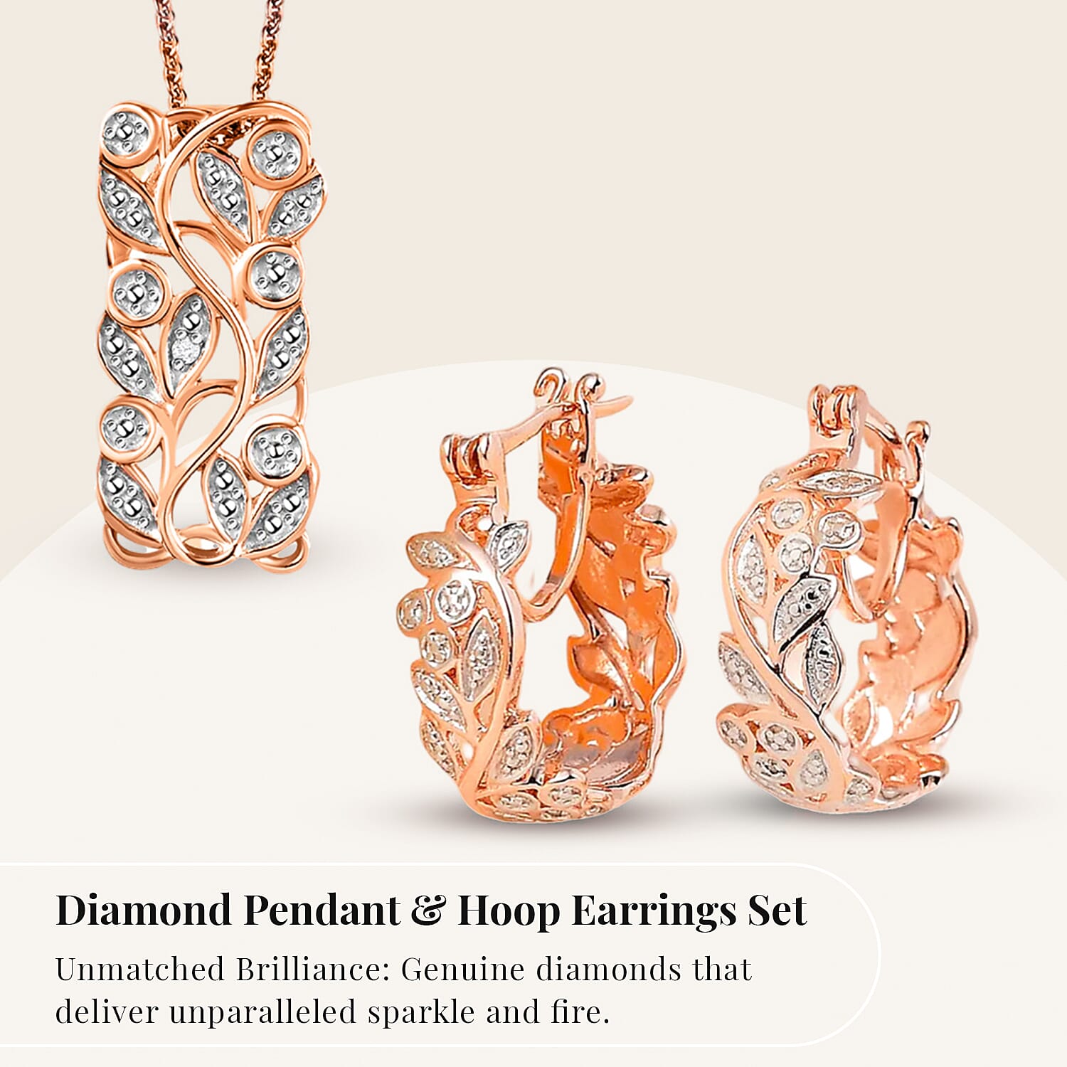 Diamond Pendant with Chain (Size 20) and Diamond Hoop Earrings (with Clasp) in Sterling Silver with Platium and 18K Vermeil Rose Gold