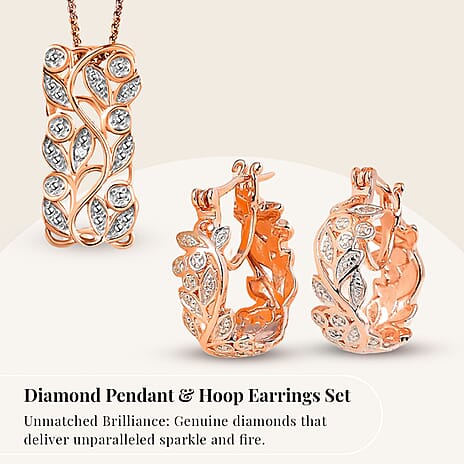 Diamond Pendant with Chain (Size 20) and Diamond Hoop Earrings (with Clasp) in Sterling Silver with Platium and 18K Vermeil Rose Gold