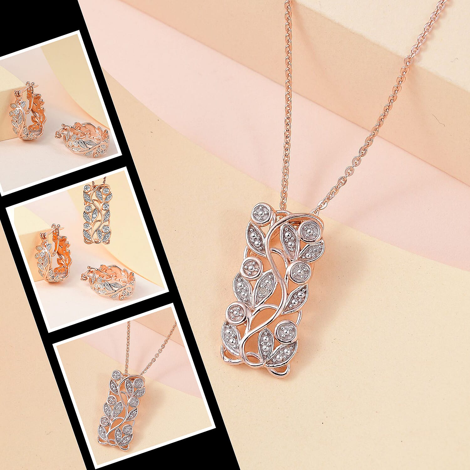 Diamond Pendant with Chain (Size 20) and Diamond Hoop Earrings (with Clasp) in Sterling Silver with Platium and 18K Vermeil Rose Gold