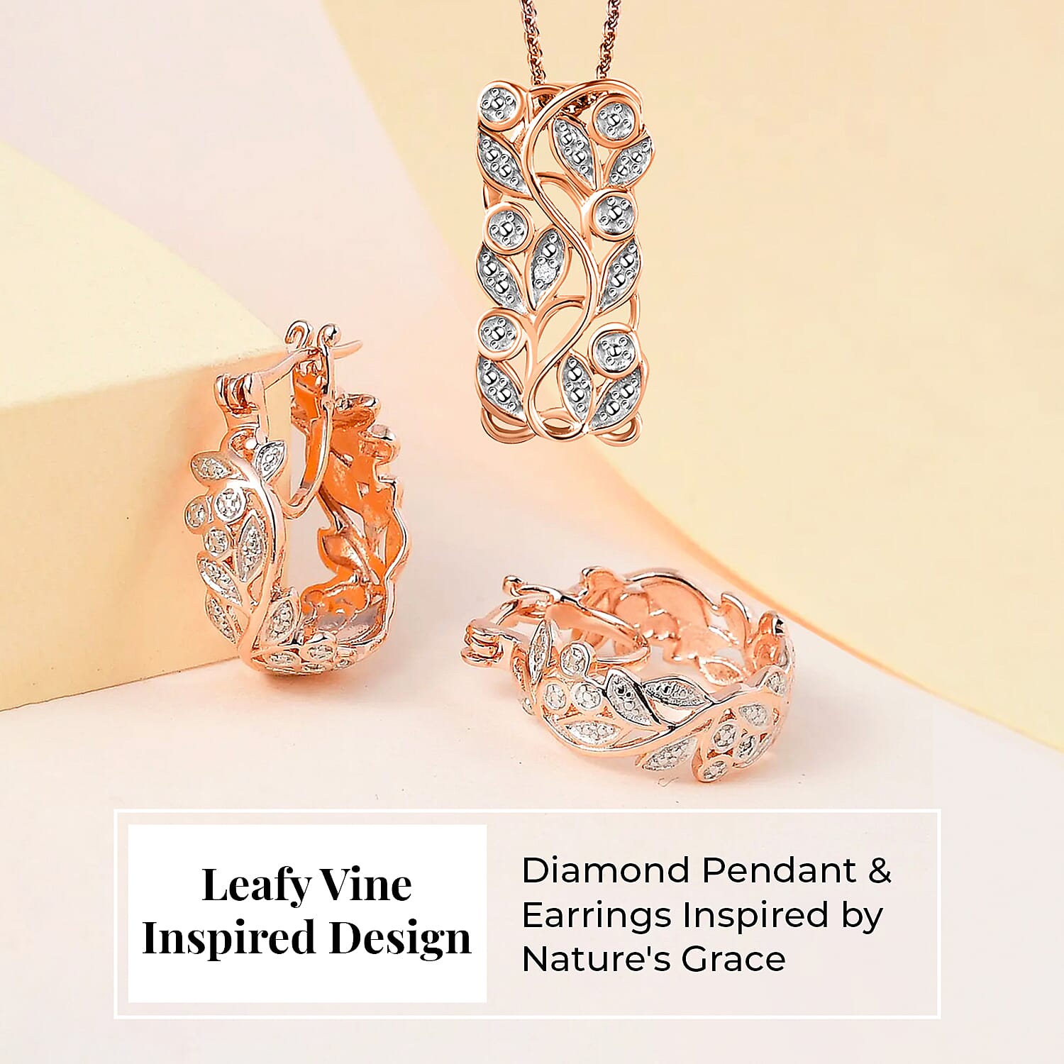 Diamond Pendant with Chain (Size 20) and Diamond Hoop Earrings (with Clasp) in Sterling Silver with Platium and 18K Vermeil Rose Gold