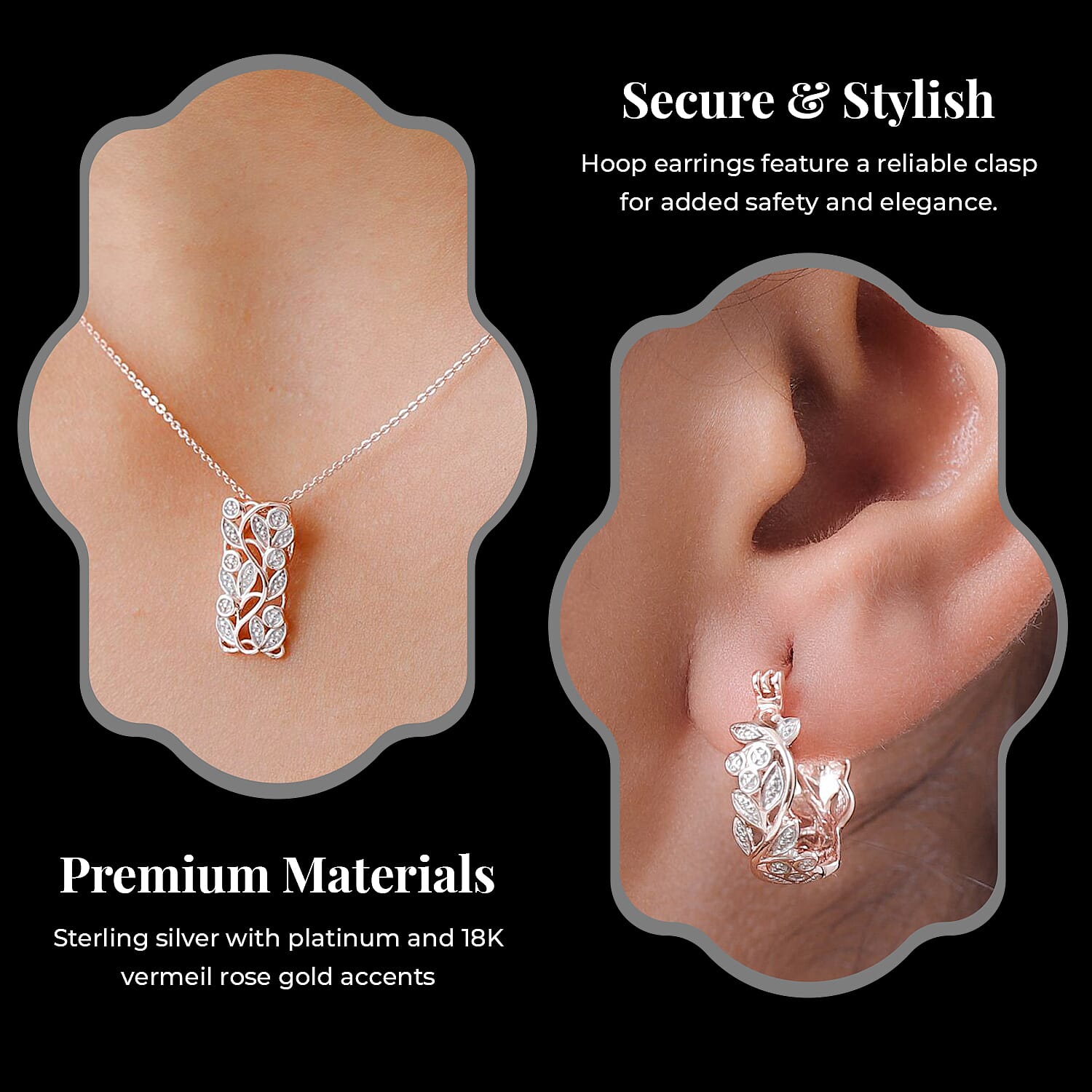 Diamond Pendant with Chain (Size 20) and Diamond Hoop Earrings (with Clasp) in Sterling Silver with Platium and 18K Vermeil Rose Gold