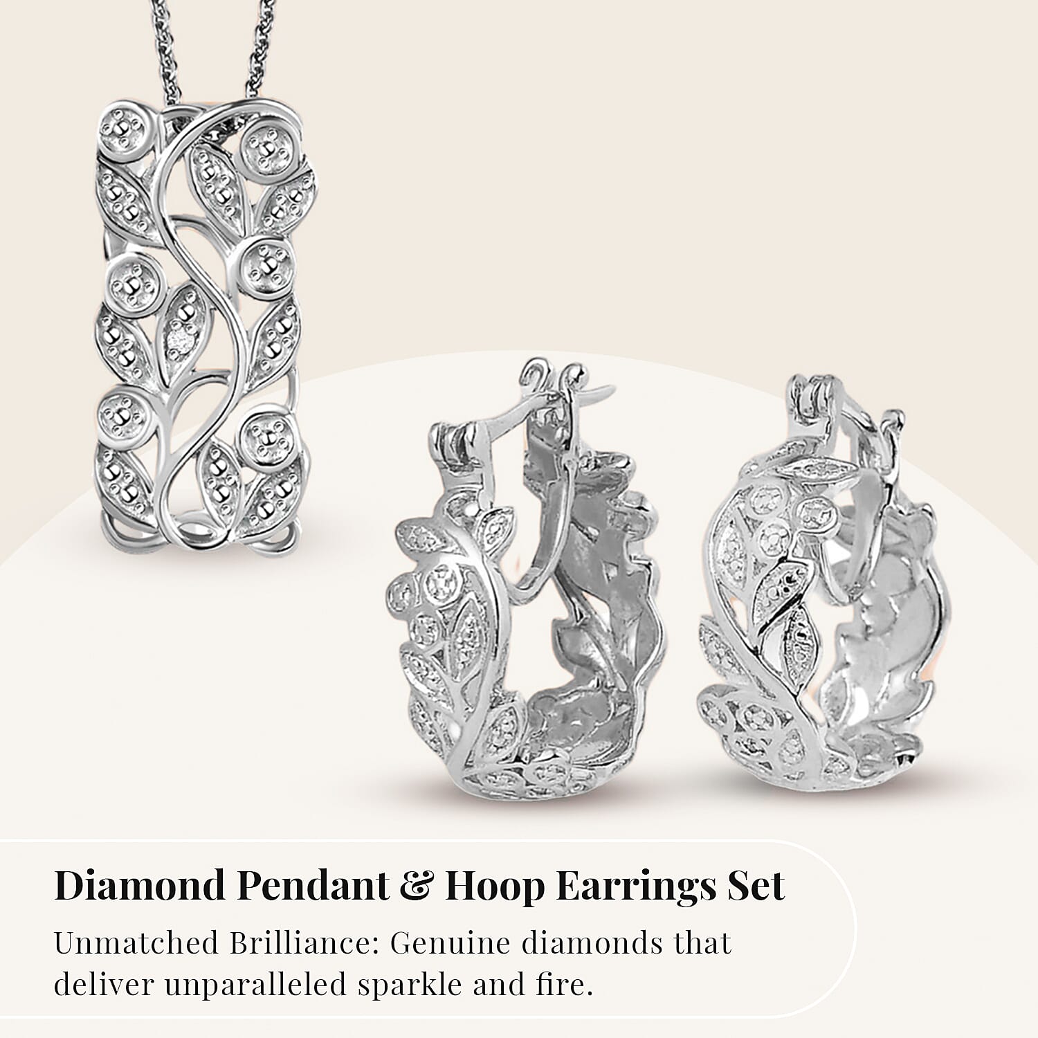 Diamond Pendant with Chain (Size 20) and Diamond Hoop Earrings (with Clasp) in Sterling Silver with Platinum Plating