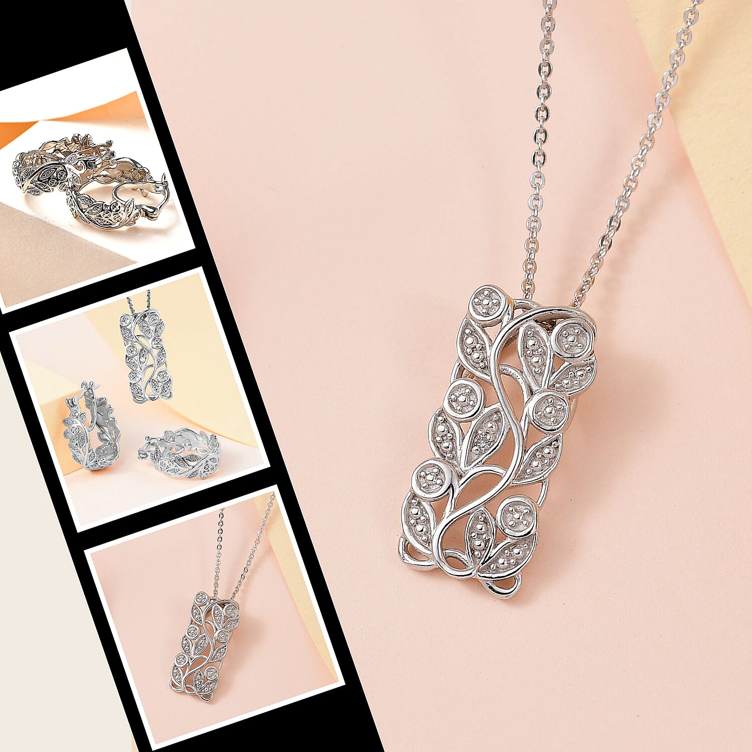 Diamond Pendant with Chain (Size 20) and Diamond Hoop Earrings (with Clasp) in Sterling Silver with Platinum Plating