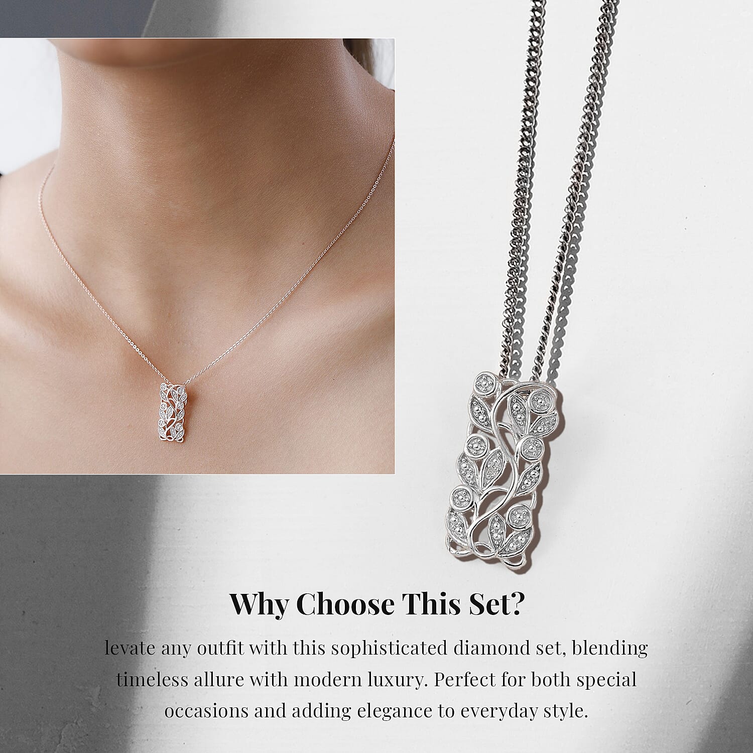 Diamond Pendant with Chain (Size 20) and Diamond Hoop Earrings (with Clasp) in Sterling Silver with Platinum Plating