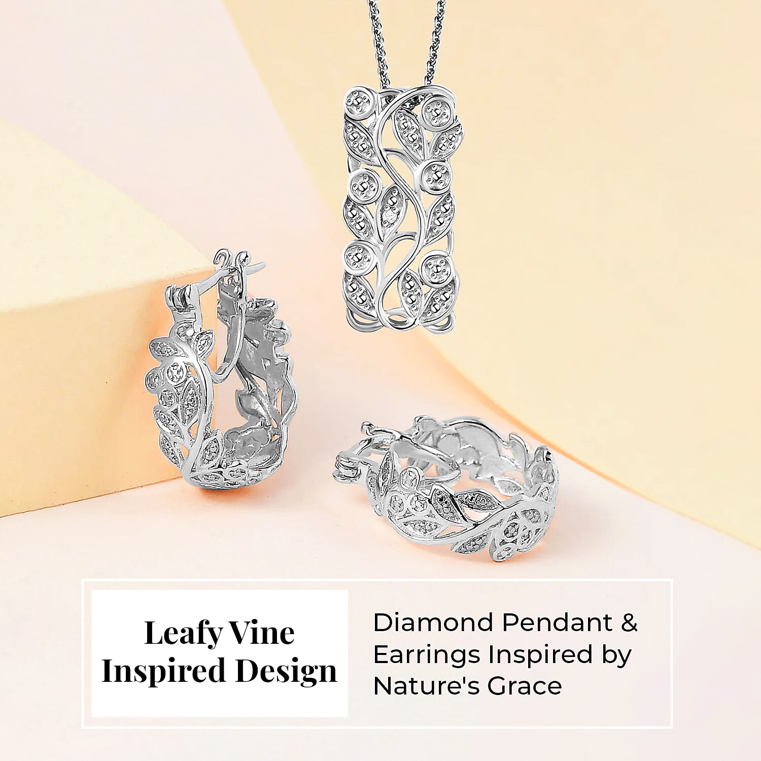 Diamond Pendant with Chain (Size 20) and Diamond Hoop Earrings (with Clasp) in Sterling Silver with Platinum Plating