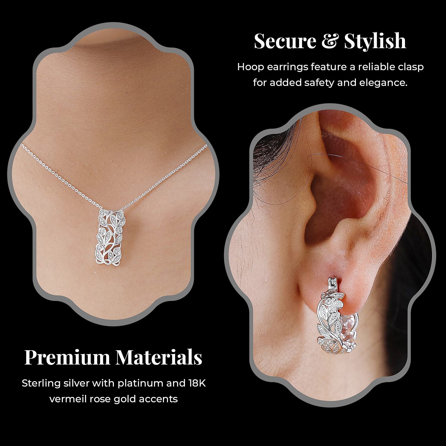 Diamond Pendant with Chain (Size 20) and Diamond Hoop Earrings (with Clasp) in Sterling Silver with Platinum Plating