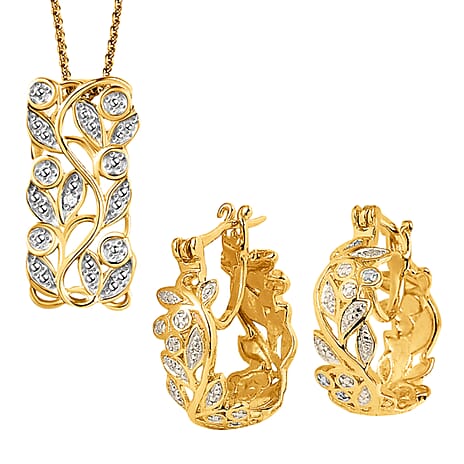 Diamond Pendant with Chain (Size 20) and Diamond Hoop Earrings (with Clasp) in Sterling Silver with Platium and 18K Vermeil Yellow Gold