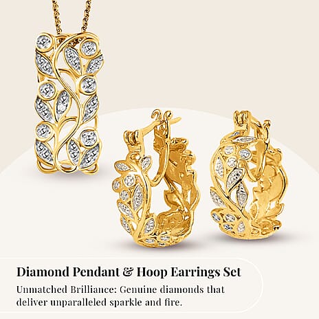 Diamond Pendant with Chain (Size 20) and Diamond Hoop Earrings (with Clasp) in Sterling Silver with Platium and 18K Vermeil Yellow Gold