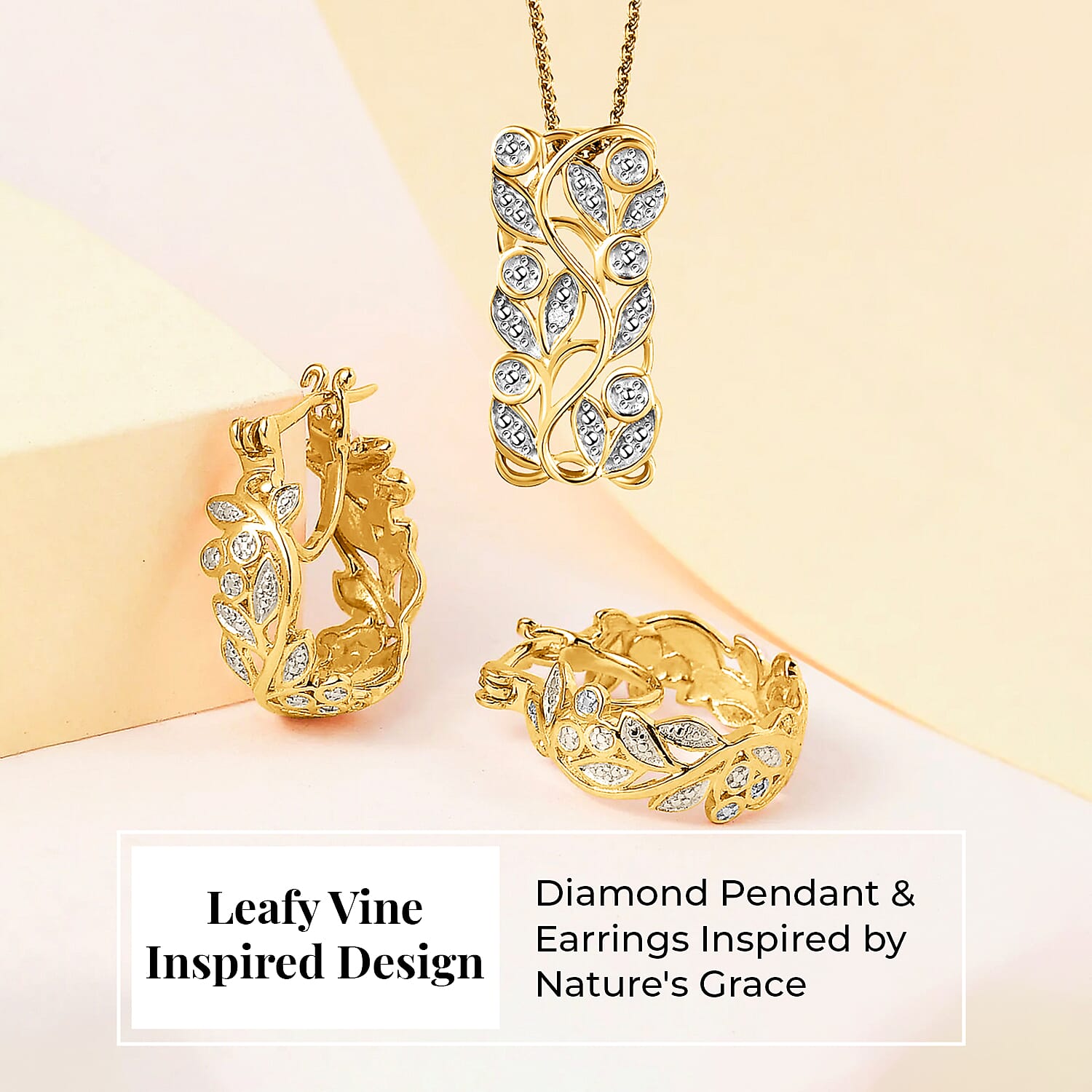 Diamond Pendant with Chain (Size 20) and Diamond Hoop Earrings (with Clasp) in Sterling Silver with Platium and 18K Vermeil Yellow Gold Diamond Pendant with Chain (Size 20) and Diamond Hoop Earrings (with Clasp) in Sterling Silver with Platium and 18K Vermeil Yellow Gold