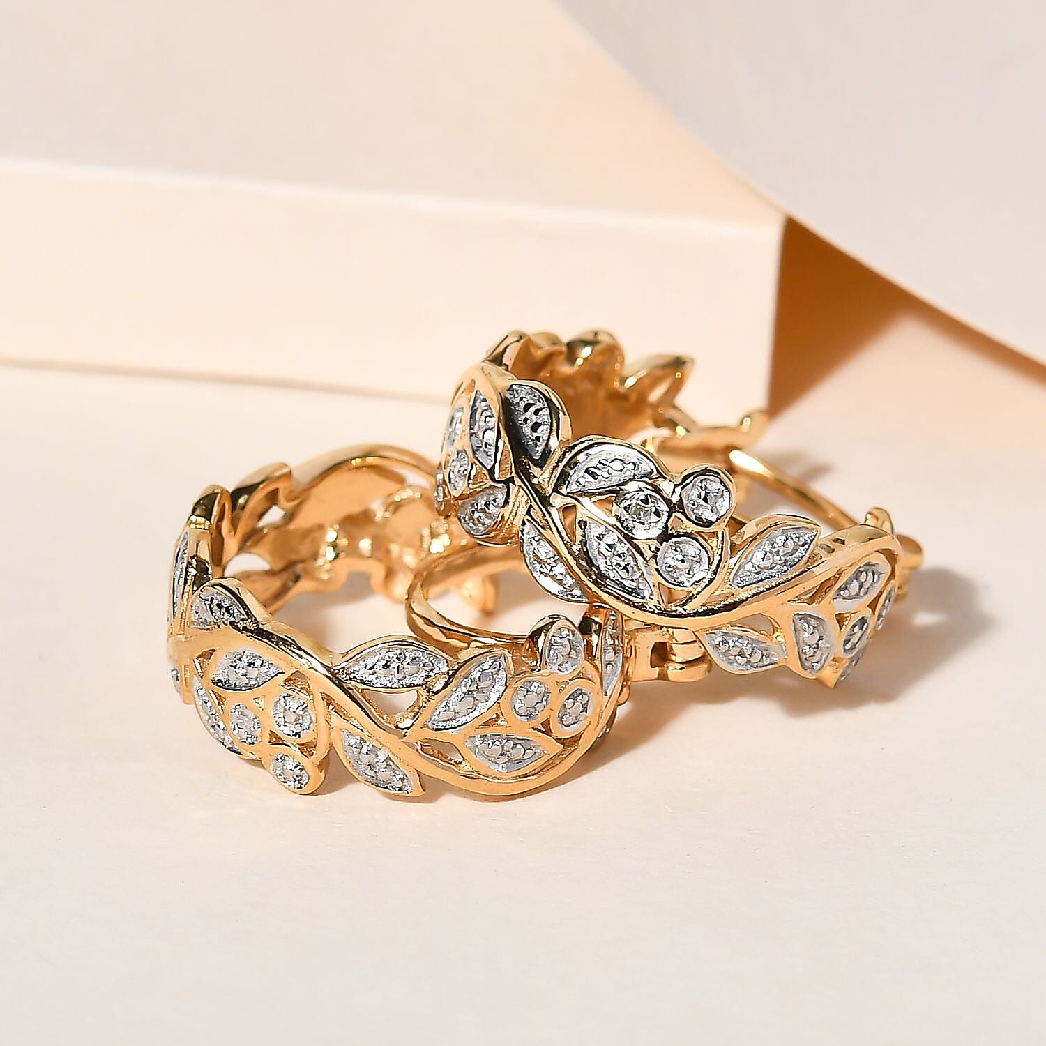 Diamond Pendant with Chain (Size 20) and Diamond Hoop Earrings (with Clasp) in Sterling Silver with Platium and 18K Vermeil Yellow Gold Diamond Pendant with Chain (Size 20) and Diamond Hoop Earrings (with Clasp) in Sterling Silver with Platium and 18K Vermeil Yellow Gold