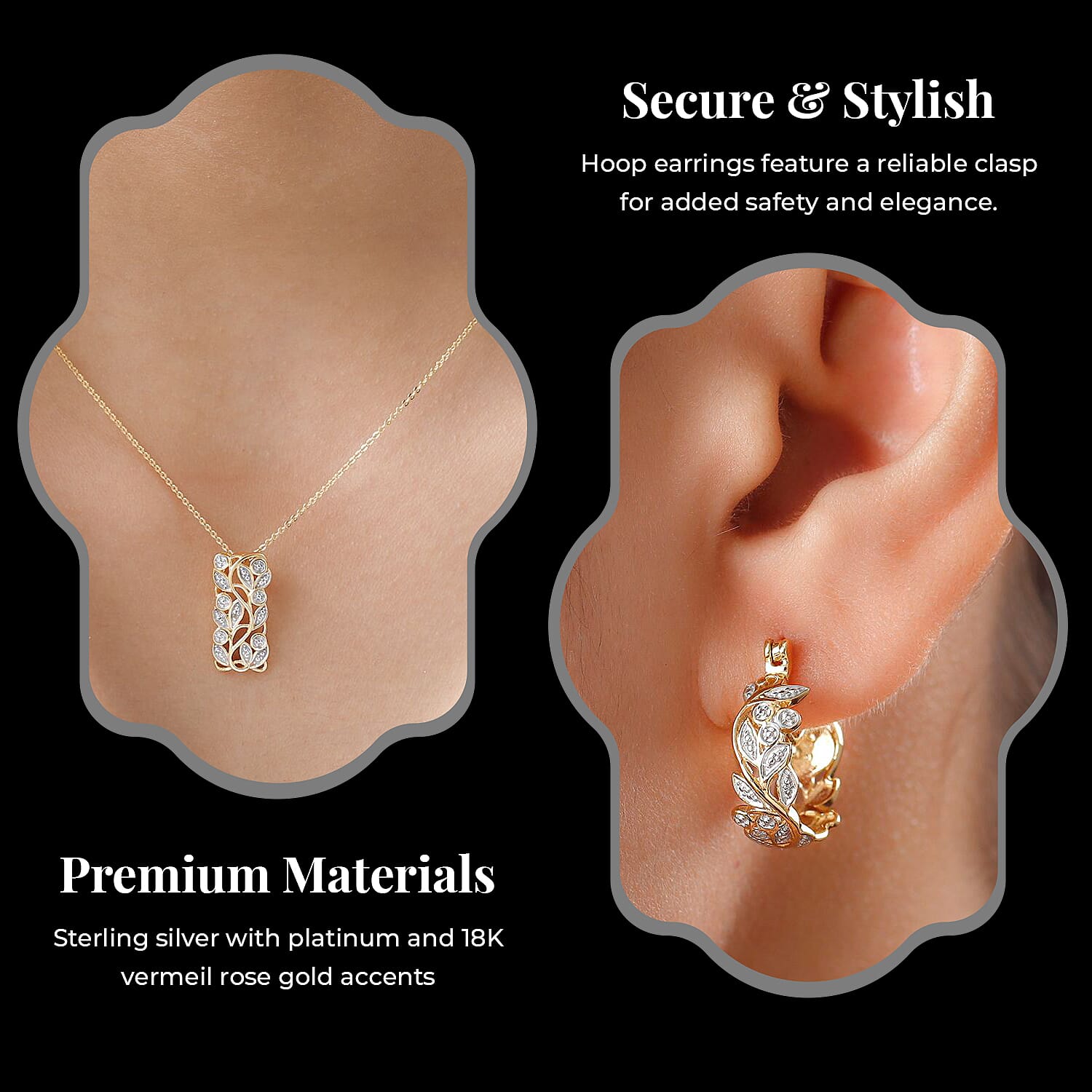 Diamond Pendant with Chain (Size 20) and Diamond Hoop Earrings (with Clasp) in Sterling Silver with Platium and 18K Vermeil Yellow Gold Diamond Pendant with Chain (Size 20) and Diamond Hoop Earrings (with Clasp) in Sterling Silver with Platium and 18K Vermeil Yellow Gold