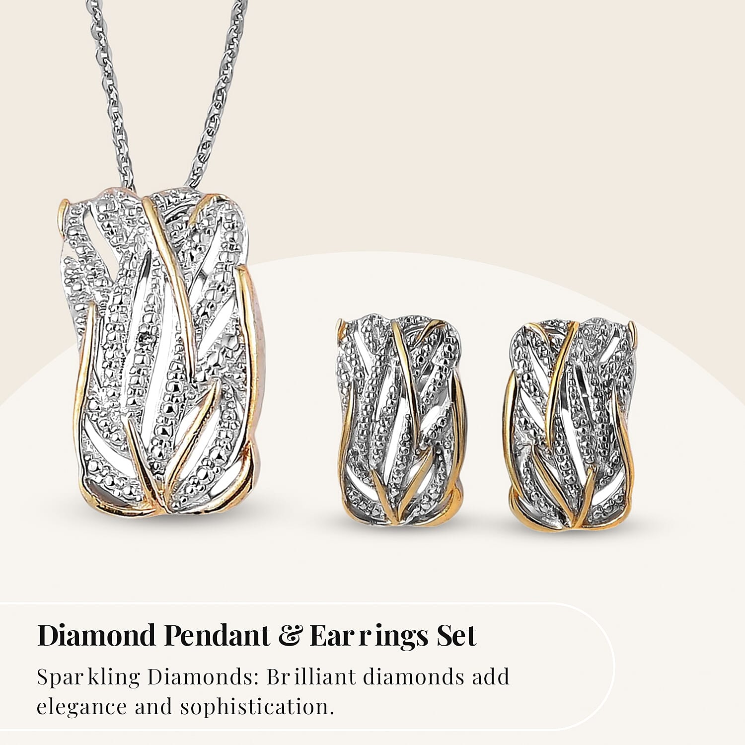 Diamond Pendant with Chain Size 20 Inch in Sterling Silver with Platinum and 18K Vermeil Yellow Gold and Diamond Stud Earrings in Platinum and Gold Plated Silver 0.01 Ct