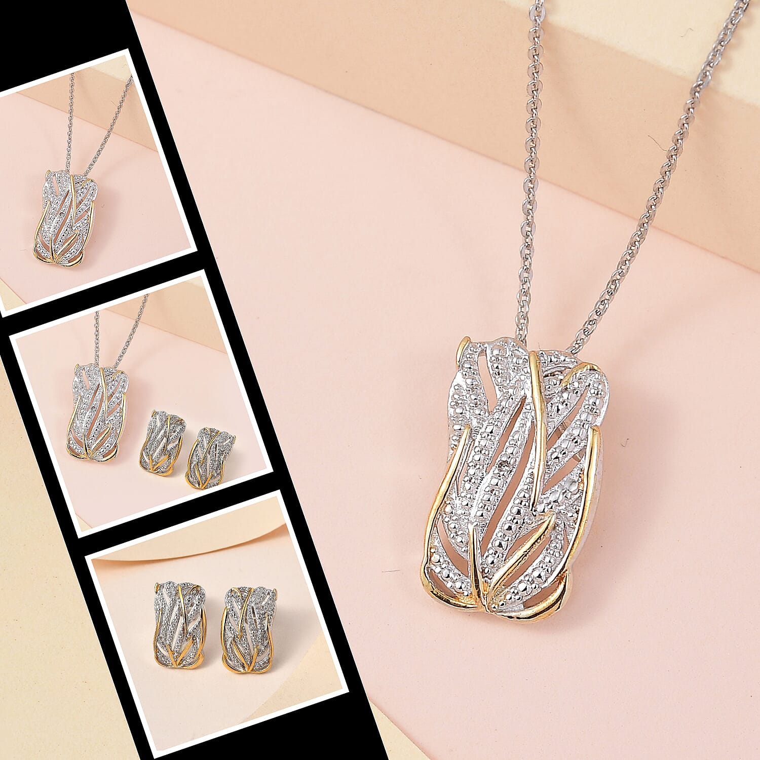 Diamond Pendant with Chain Size 20 Inch in Sterling Silver with Platinum and 18K Vermeil Yellow Gold and Diamond Stud Earrings in Platinum and Gold Plated Silver 0.01 Ct