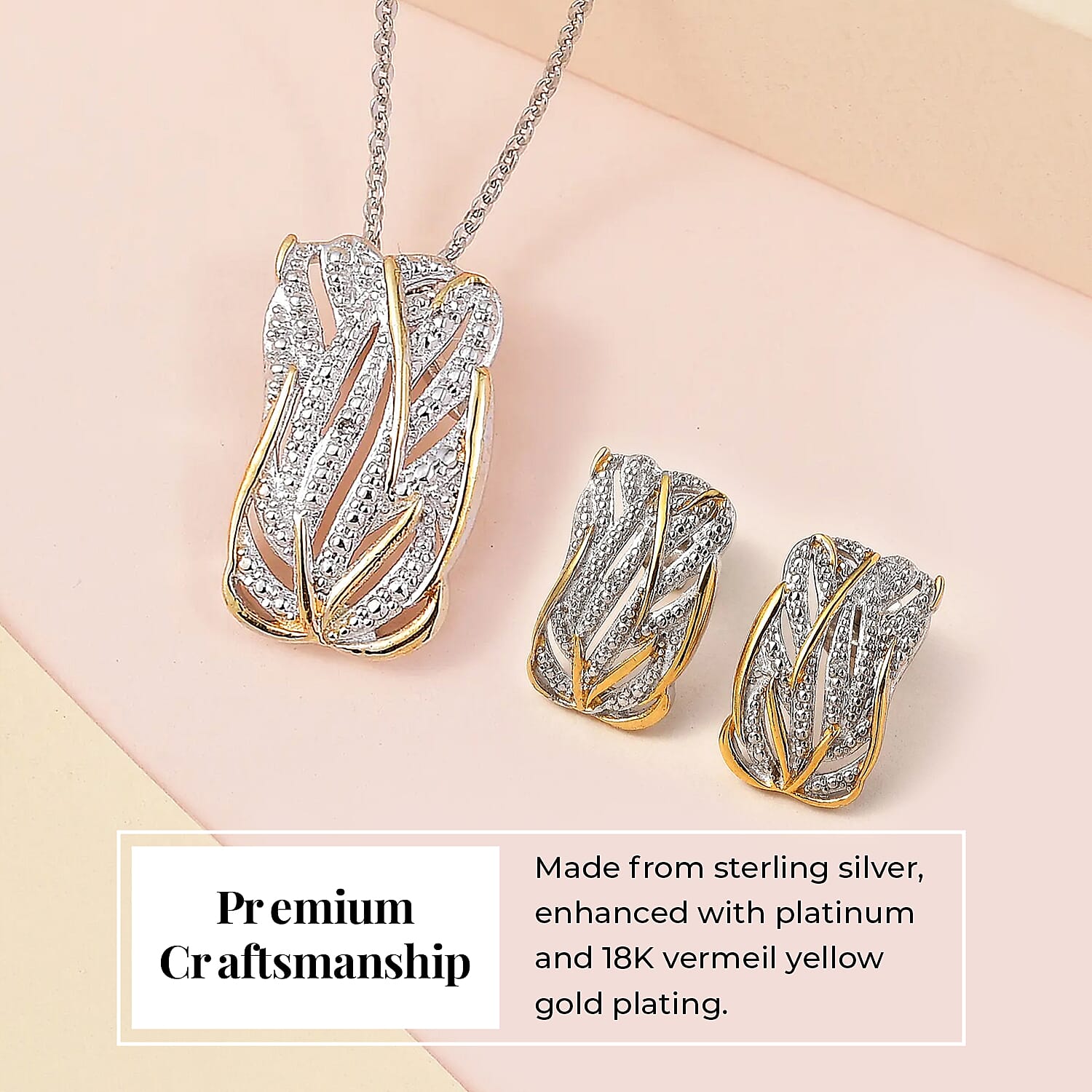 Diamond Pendant with Chain Size 20 Inch in Sterling Silver with Platinum and 18K Vermeil Yellow Gold and Diamond Stud Earrings in Platinum and Gold Plated Silver 0.01 Ct
