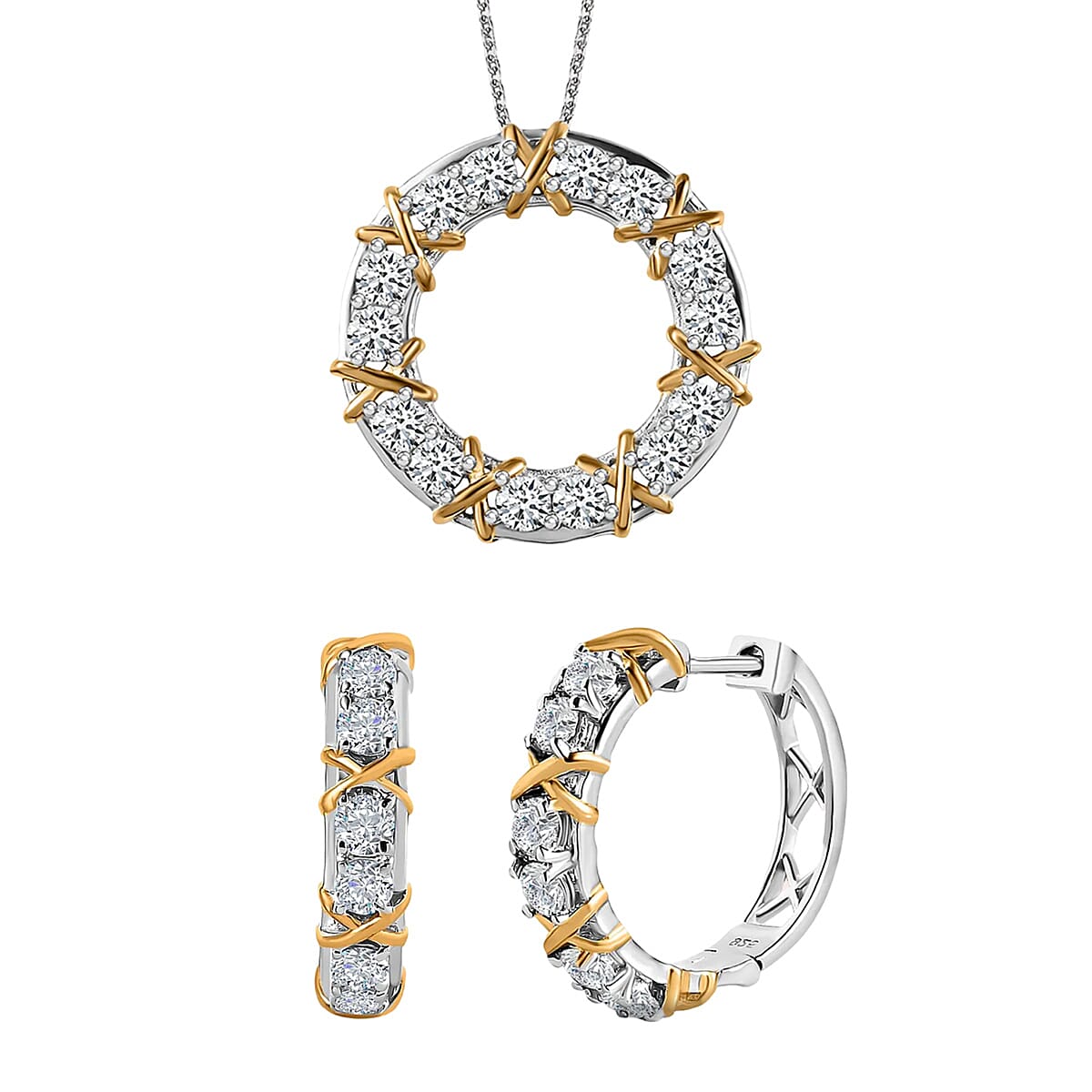 Moissanite Circle Pendant with Chain (Size 20) in 18K Yellow Gold Vermeil & Platinum Plated Sterling Silver 1.47 Ct and Moissanite Hoop Earrings in Two-Tone Plated Sterling Silver 1.25 Ct, Silver Wt 5