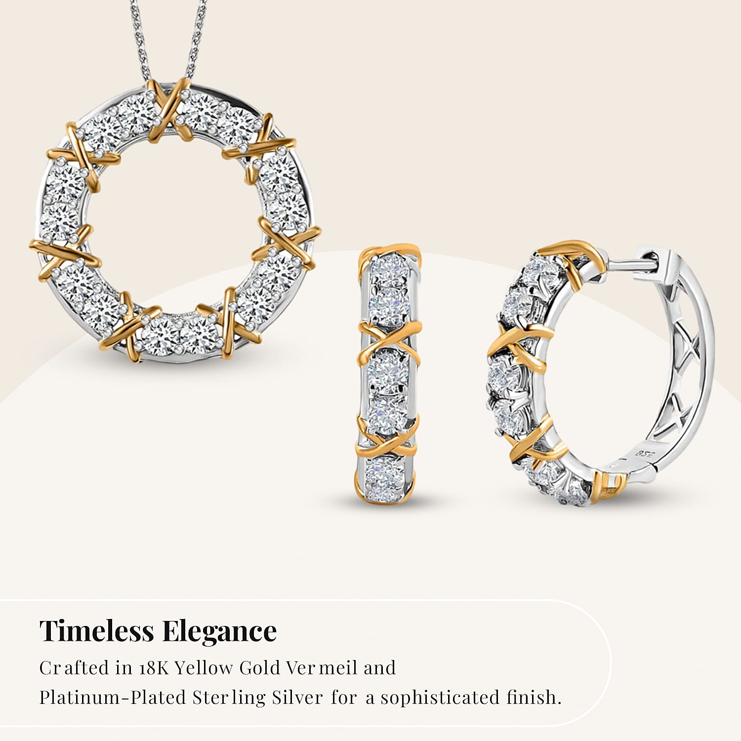 Moissanite Circle Pendant with Chain (Size 20) in 18K Yellow Gold Vermeil & Platinum Plated Sterling Silver 1.47 Ct and Moissanite Hoop Earrings in Two-Tone Plated Sterling Silver 1.25 Ct, Silver Wt 5