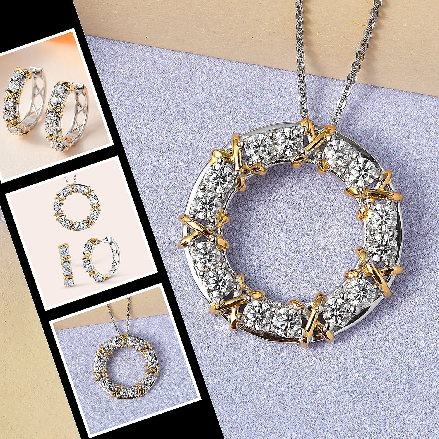 Moissanite Circle Pendant with Chain (Size 20) in 18K Yellow Gold Vermeil & Platinum Plated Sterling Silver 1.47 Ct and Moissanite Hoop Earrings in Two-Tone Plated Sterling Silver 1.25 Ct, Silver Wt 5