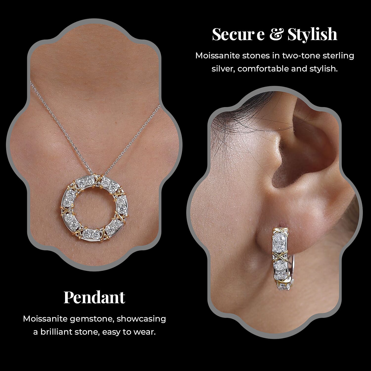 Moissanite Circle Pendant with Chain (Size 20) in 18K Yellow Gold Vermeil & Platinum Plated Sterling Silver 1.47 Ct and Moissanite Hoop Earrings in Two-Tone Plated Sterling Silver 1.25 Ct, Silver Wt 5