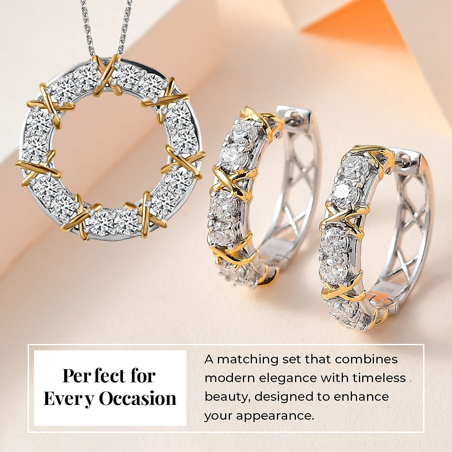 Moissanite Circle Pendant with Chain (Size 20) in 18K Yellow Gold Vermeil & Platinum Plated Sterling Silver 1.47 Ct and Moissanite Hoop Earrings in Two-Tone Plated Sterling Silver 1.25 Ct, Silver Wt 5